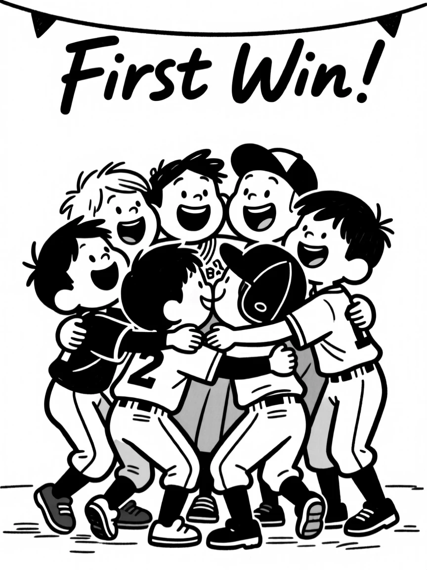 A little league team piling into a group hug after their first win.