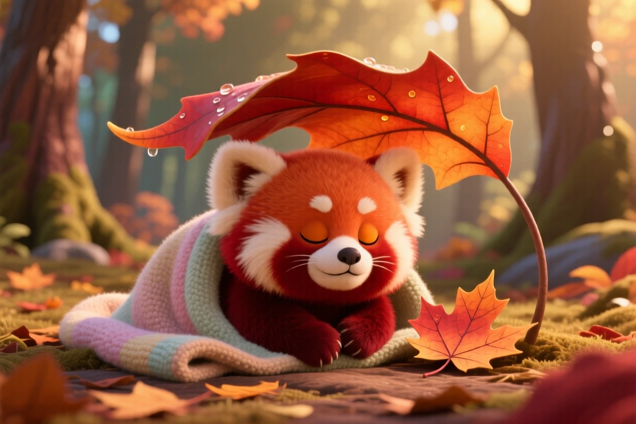 A baby red panda is tucked under a giant maple leaf, nuzzling against a soft blanket. The scene feels warm and heartwarming, with a single fallen leaf beside it.