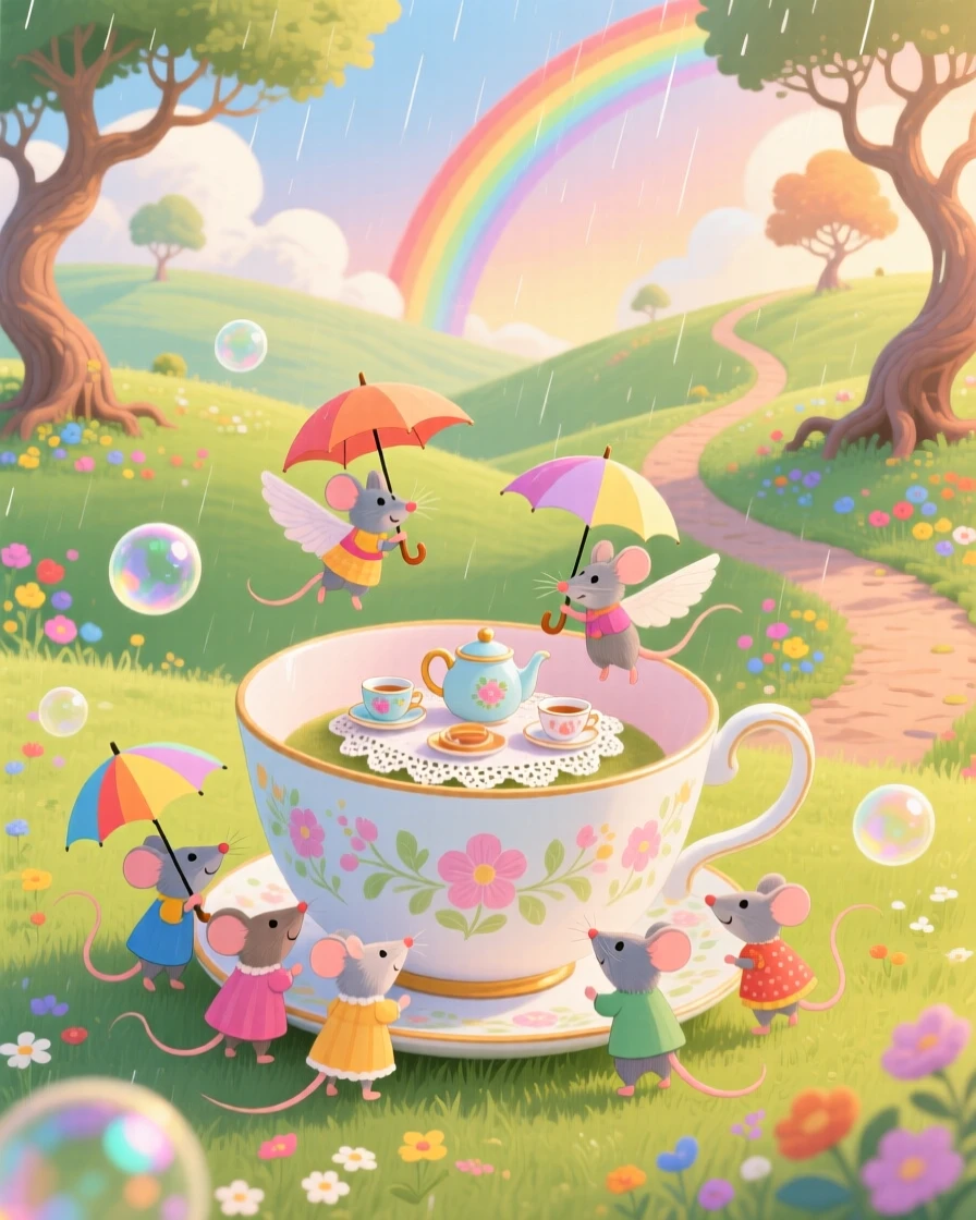In a land where every path is a rainbow, a group of umbrella-riding mice spends the day hosting a tea party at the bottom of a teacup, as tiny bubbles drift lazily by.