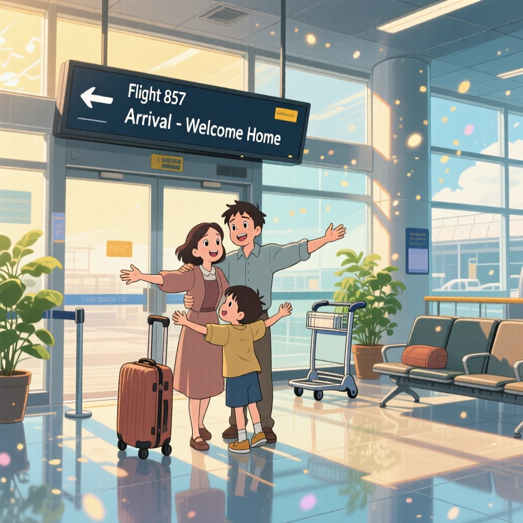 A tender moment of a family reunited at an airport gate, arms outstretched, the scene quietly moving.