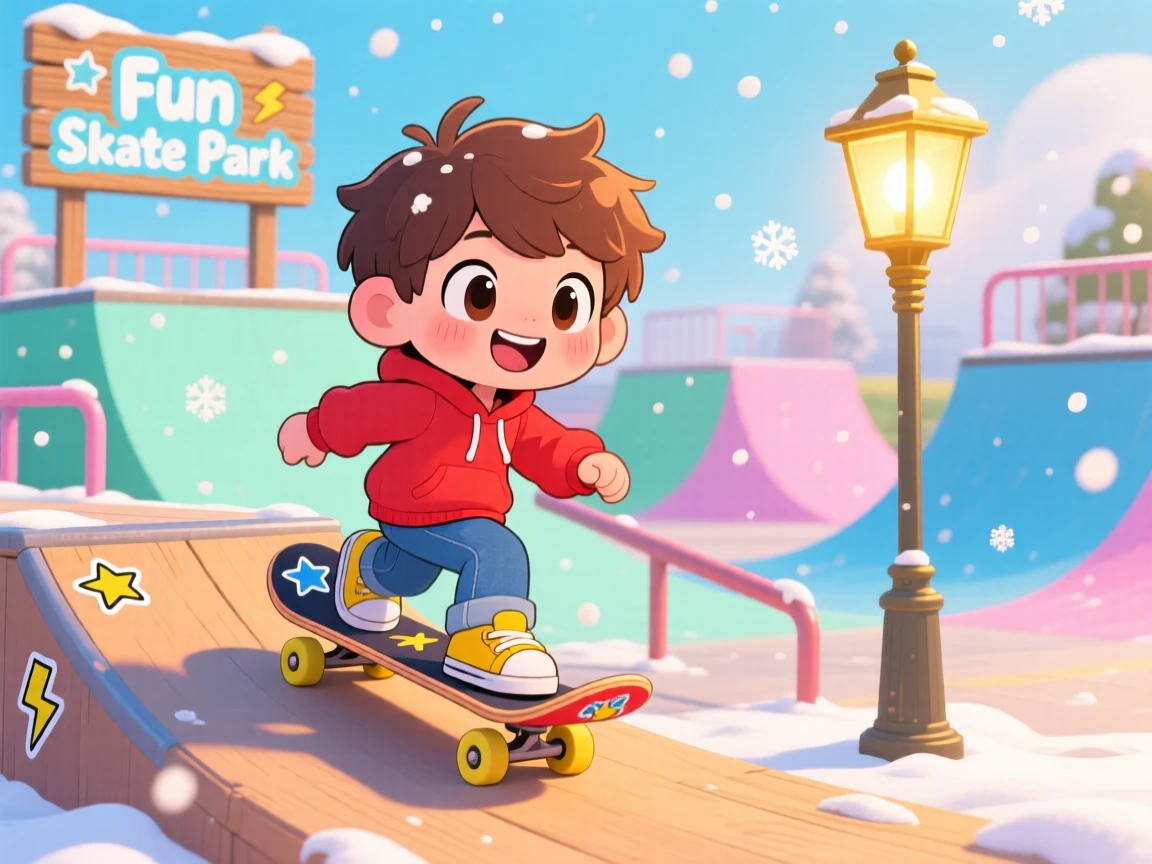 A small boy riding a skateboard down a gentle ramp in a colorful skate park amid softly falling snow; warm lamplight washes over the scene as playful mischief fills the moment. Full-body shot.