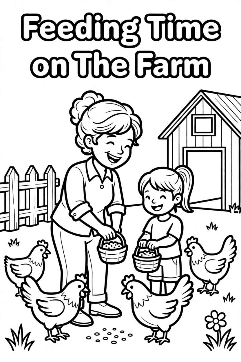 Grandma and grandchild feeding chickens on a small farm