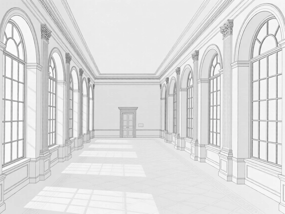 A grand hall in a museum lined with tall arched windows