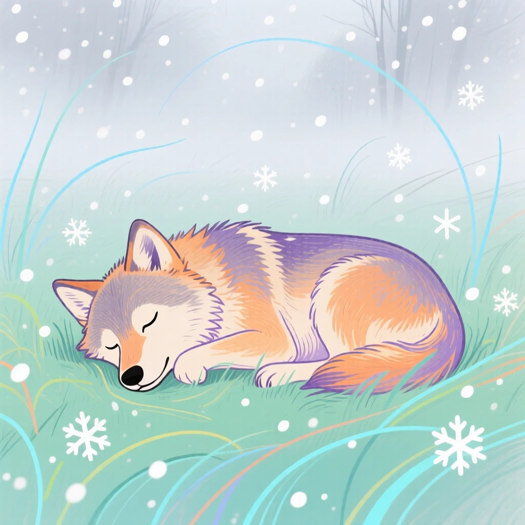 A young wolf napping in a misty morning field during a light snowfall.