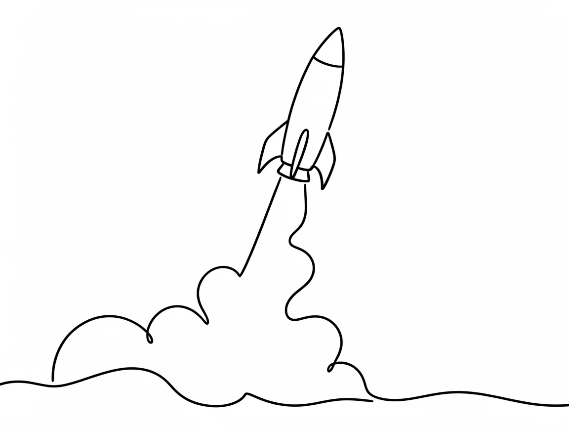 A rocket launching upward, leaving a plume trailing behind it