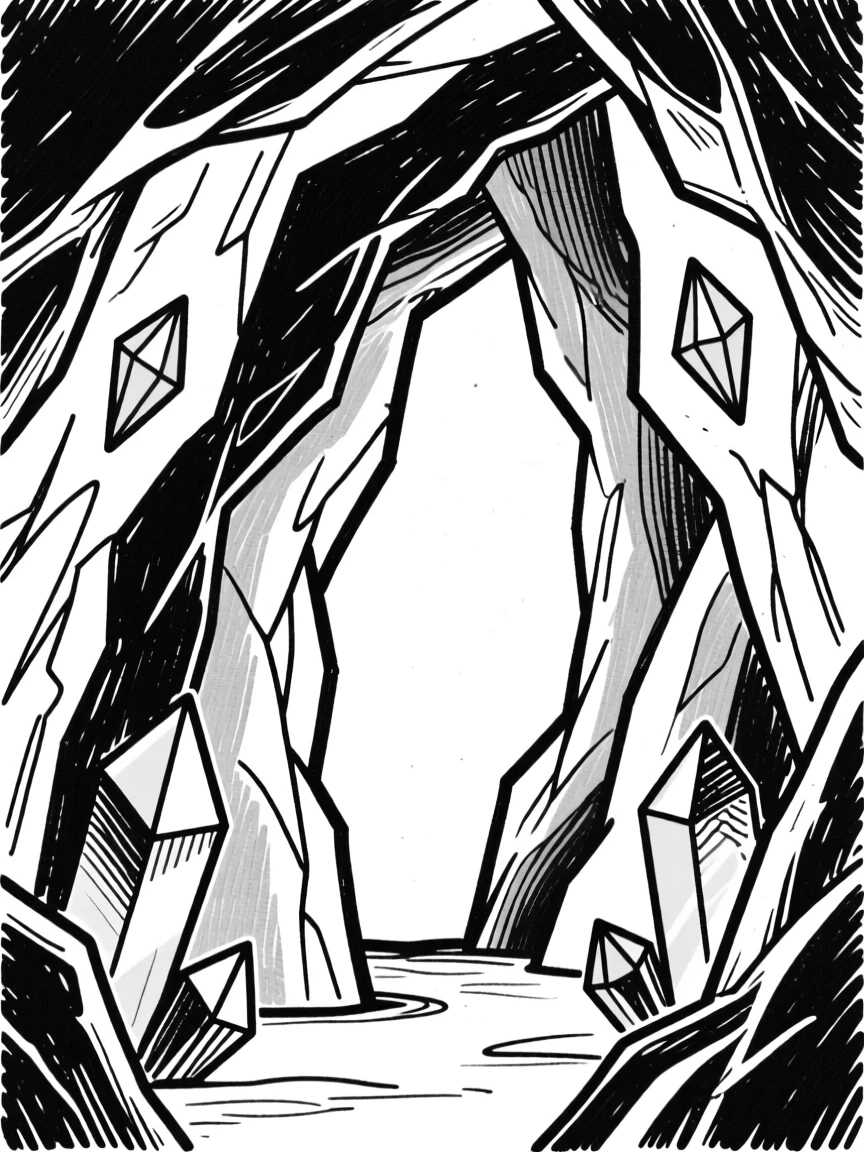 A crystal cave illuminated by softly glowing gemstones embedded in the walls.