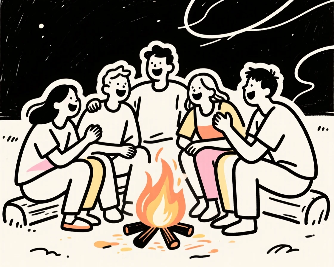 A group of friends laughing together around a bonfire at night.