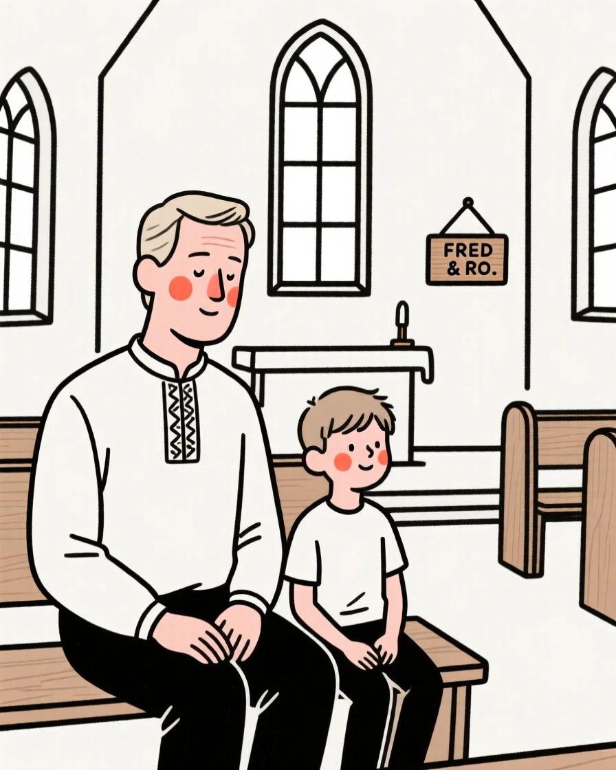 A father and son of Norwegian heritage, looking serene and at peace, in a quiet chapel.