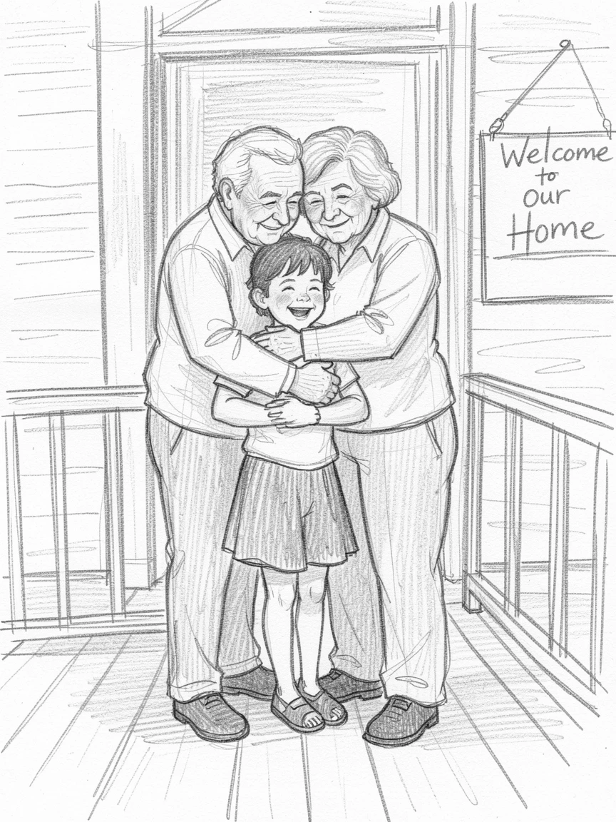 An emotional scene of grandparents embracing their grandchildren on a quiet front porch, captured in a tender, unguarded moment.