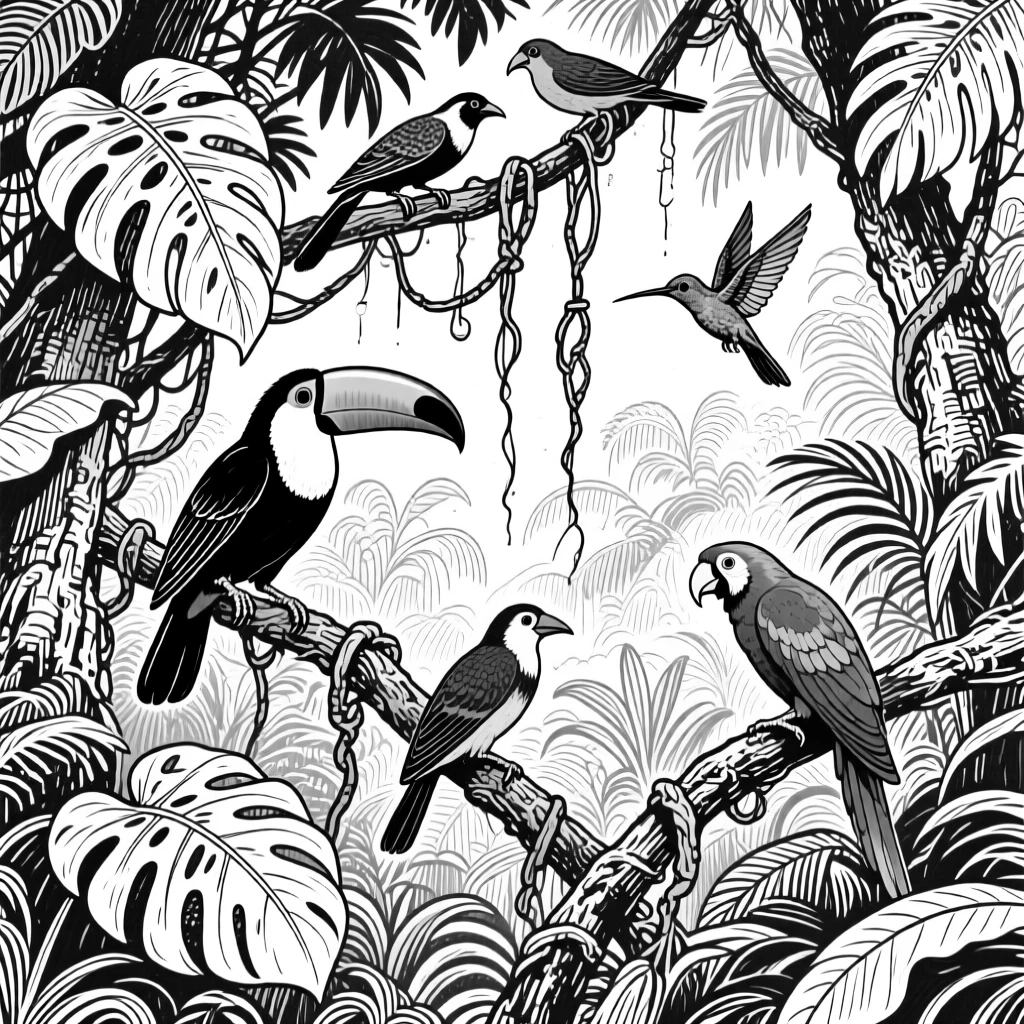The lush jungles of Costa Rica alive with birds and hanging vines.