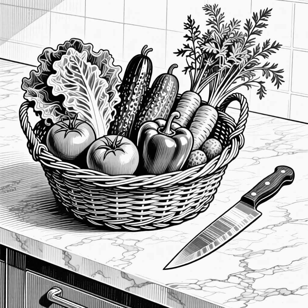 A basket of fresh vegetables from the garden arranged on a marble kitchen counter, with a knife resting beside it, presented in a richly appetizing culinary still life.