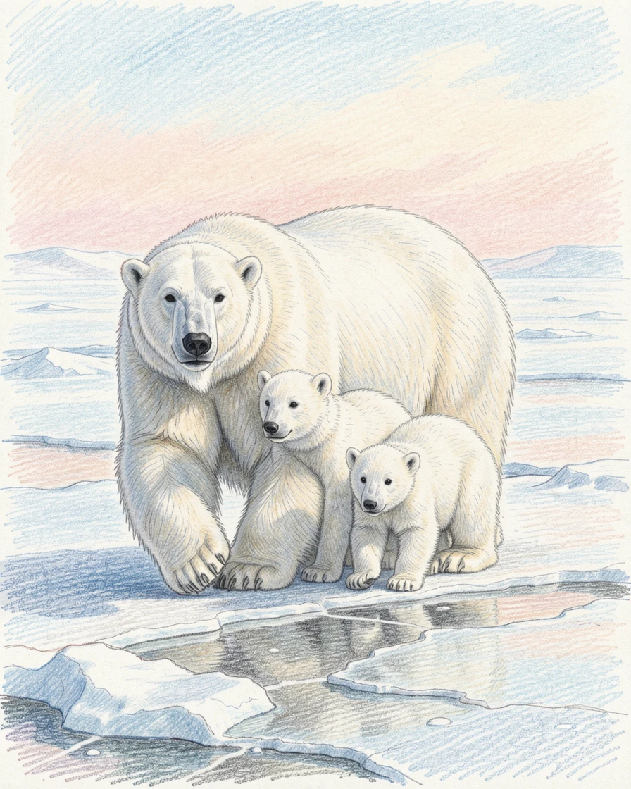 A polar bear and her cubs walking across arctic ice, with rich, inviting textures throughout the scene, evoking nostalgia and a deep sense of contentment.