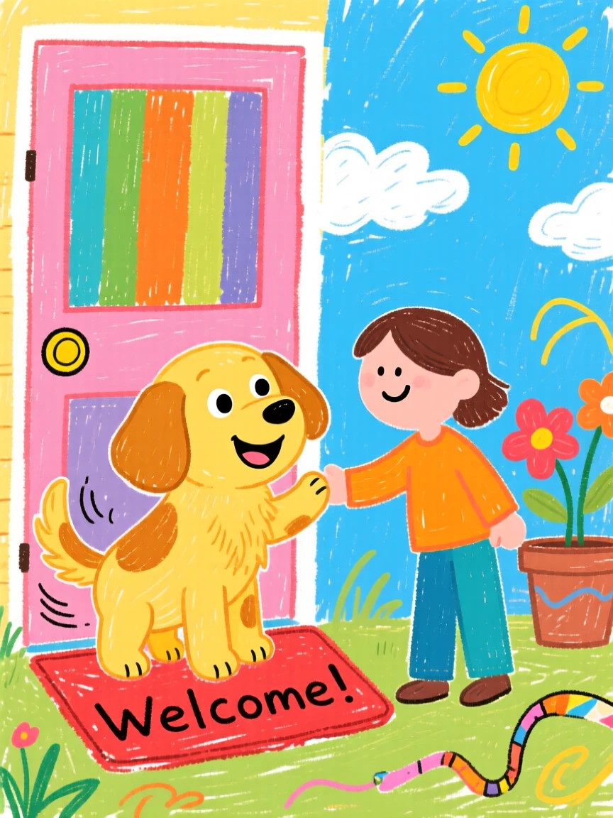 A golden retriever puppy greeting its owner at the front door with a wagging tail.
