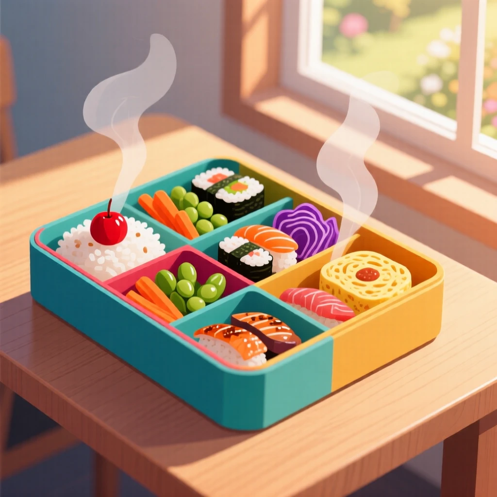 A colorful bento box filled with neatly arranged small dishes, placed near a window with warm afternoon light, composed with steam rising for a warm, inviting feel, with a joyful, celebratory feel.