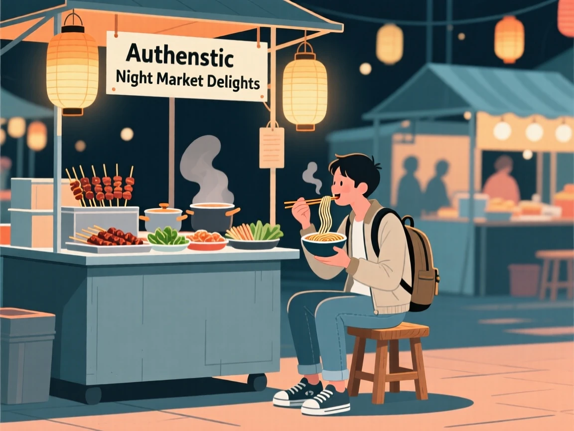 A traveler enjoying street food at a vibrant open-air night bazaar.
