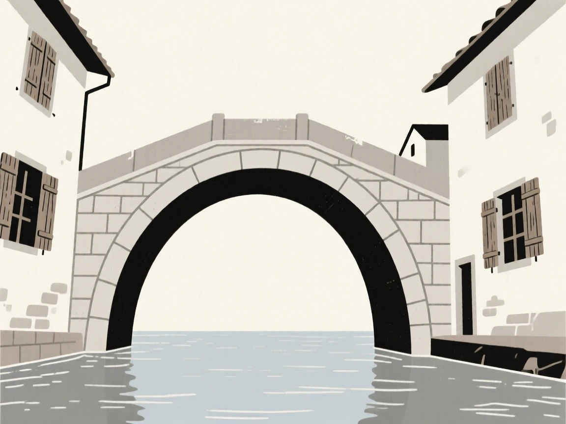 A view looking up at a bridge arching over a river from a quiet countryside village, with weathered wooden shutters in frame, evoking historic charm.