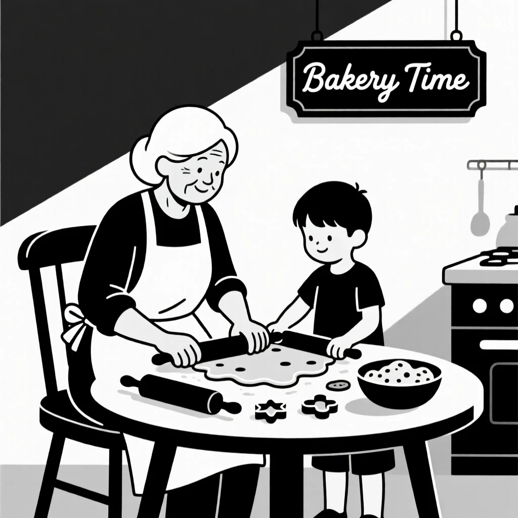 A grandmother and grandchild baking cookies together.