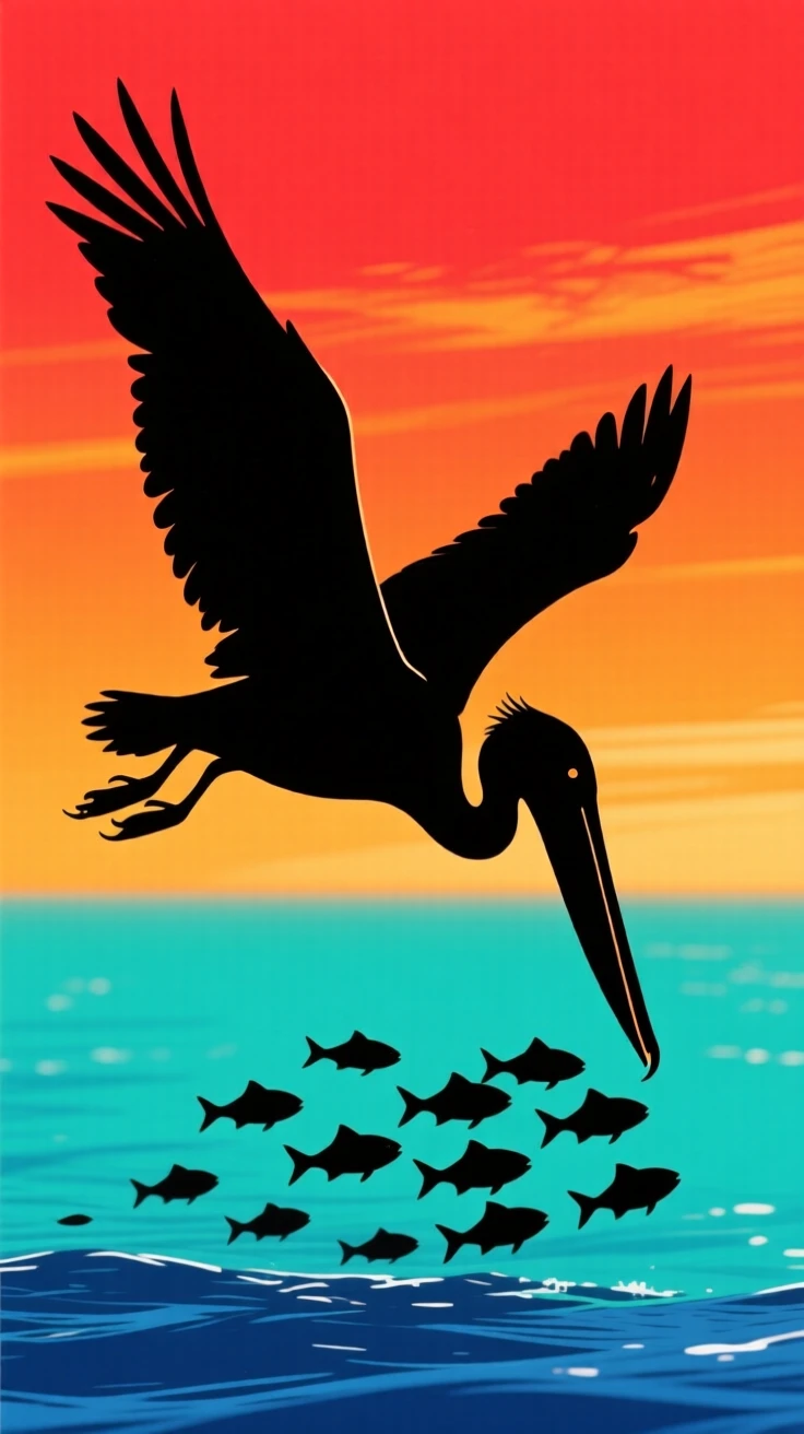 A pelican diving headfirst into the ocean after a school of fish.