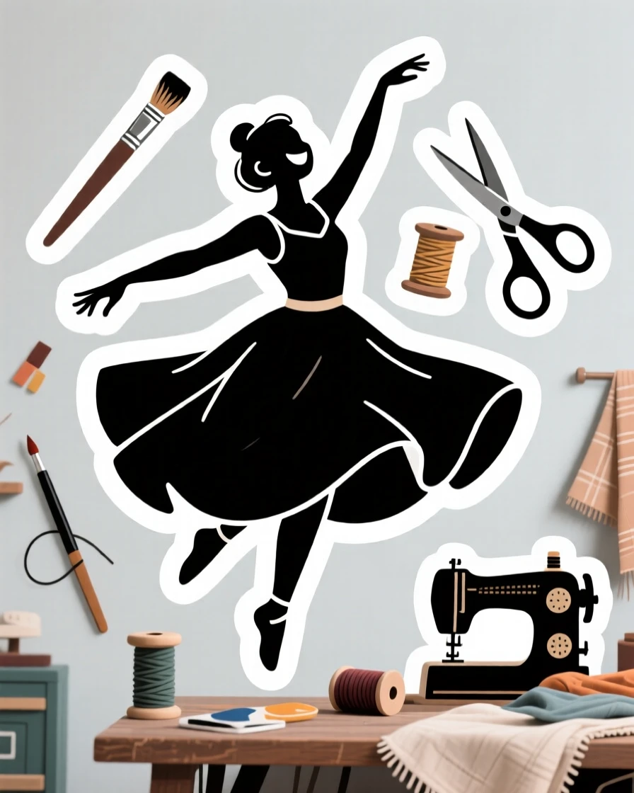 A focused and joyful dancer mid-spin in a flowing dress, with tools and supplies scattered nearby, at a cozy neighborhood workshop.