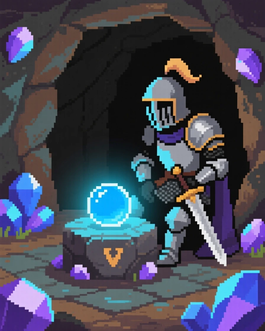 A wandering knight resting at a save point glowing softly in the dark, inside a mine filled with glowing gems.