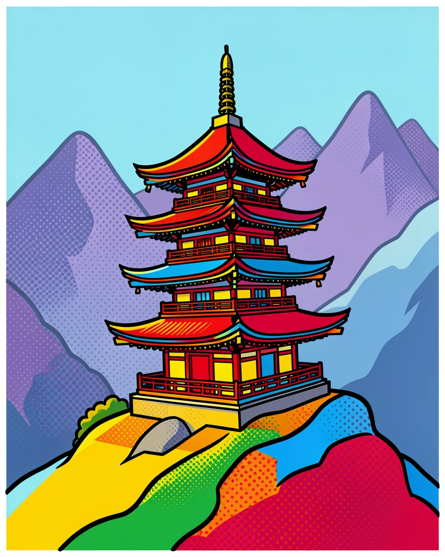An elaborate hillside pagoda overlooking misty mountains
