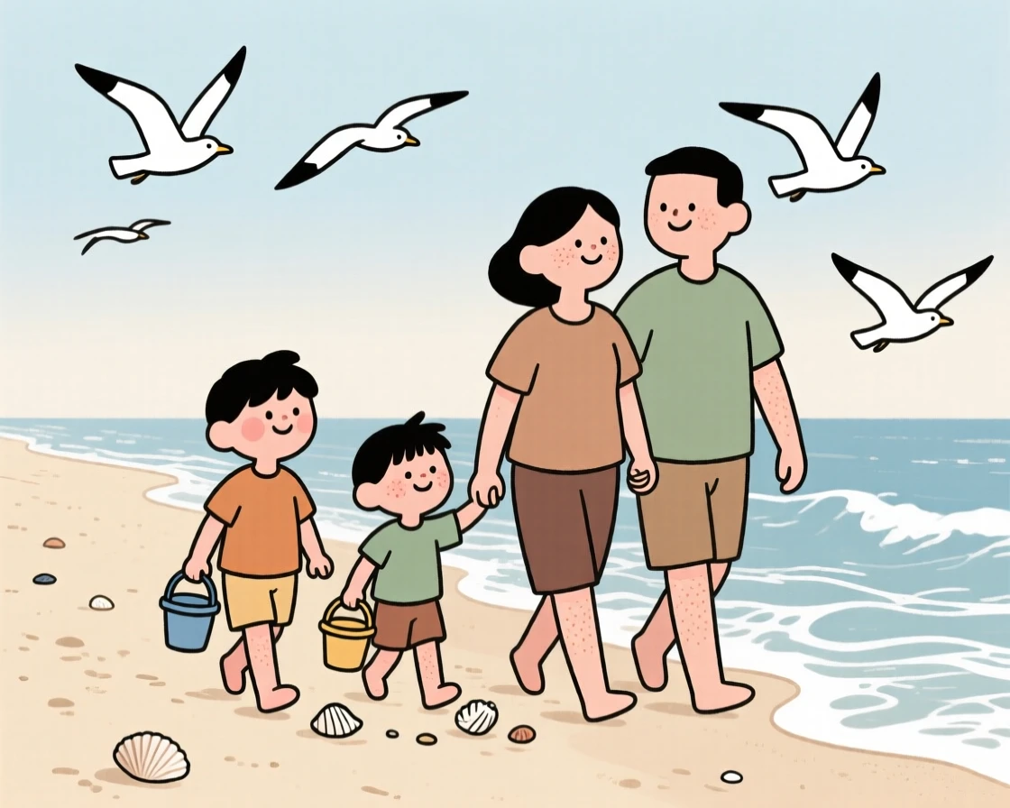 Waves roll gently onto a quiet sandy beach where a family with children walk along the shoreline, collecting seashells as gulls glide overhead.