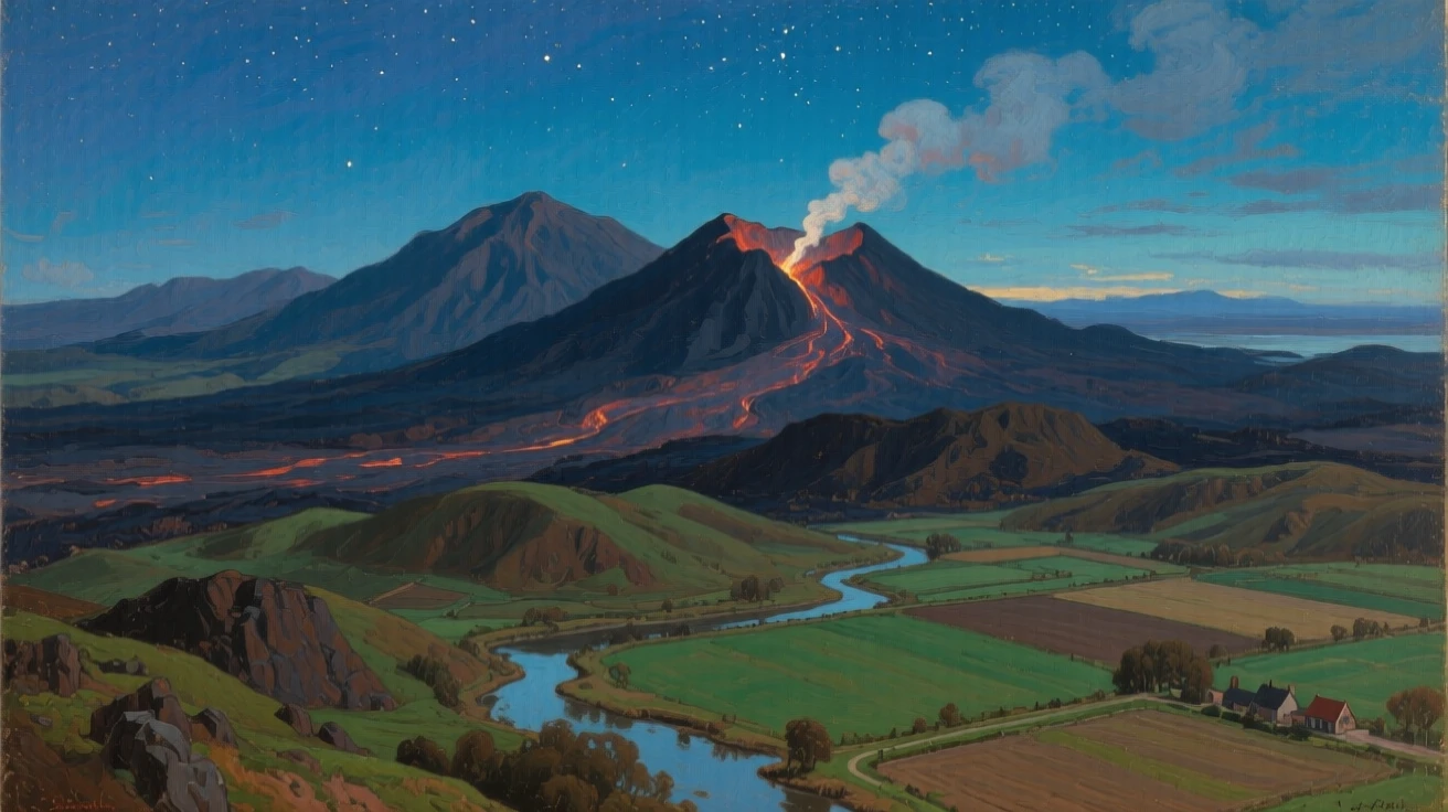 A sweeping aerial perspective of a volcanic landscape with steam rising from distant peaks, under a canopy of stars, in the Dutch countryside.
