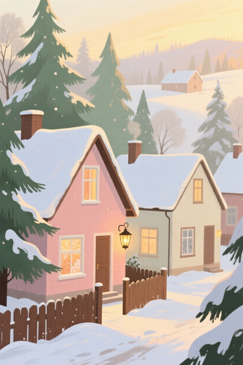 A snow-covered village with warm lantern light glowing in every window