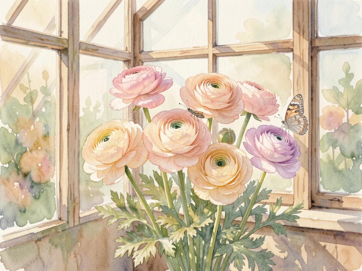 A bunch of ranunculus in pastel shades in a sunlit greenhouse with a small butterfly resting on one bloom.
