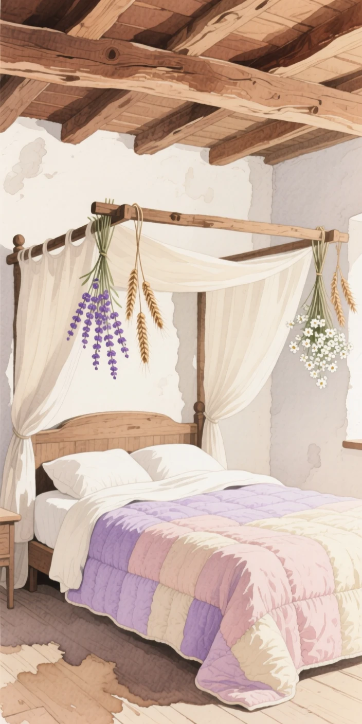 A cottage bedroom with a canopy bed draped in soft quilts, dried flowers hanging from exposed wooden beams overhead