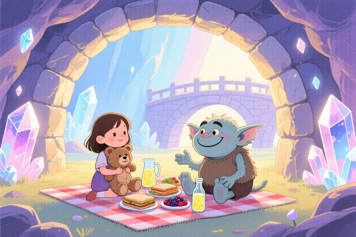 A girl clutching a stuffed bear sharing a picnic with a friendly troll under a bridge inside a glowing crystal cave.