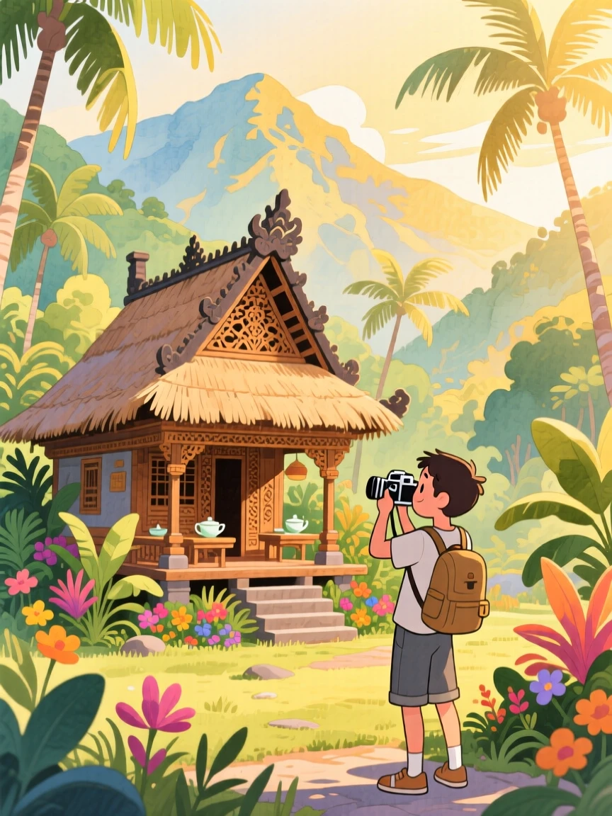 A photographer captures the golden light amid a traditional tea house nestled in the mountains of Bali, radiating cultural warmth and beauty.