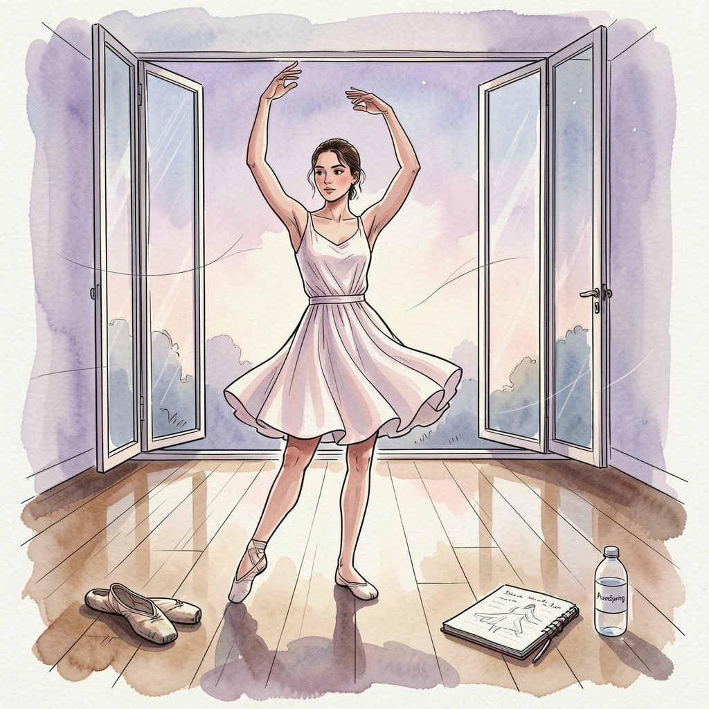 A dancer rehearsing alone in an empty studio at dusk, small details hinting at the story behind the moment.