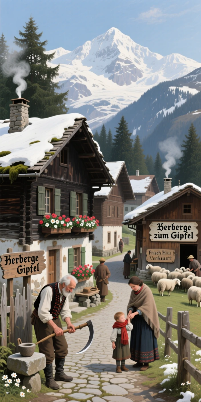 A cozy Alpine village nestled beneath snow-capped Swiss peaks, with centuries of history visible in every weathered detail, capturing the timeless beauty and character of a legendary destination