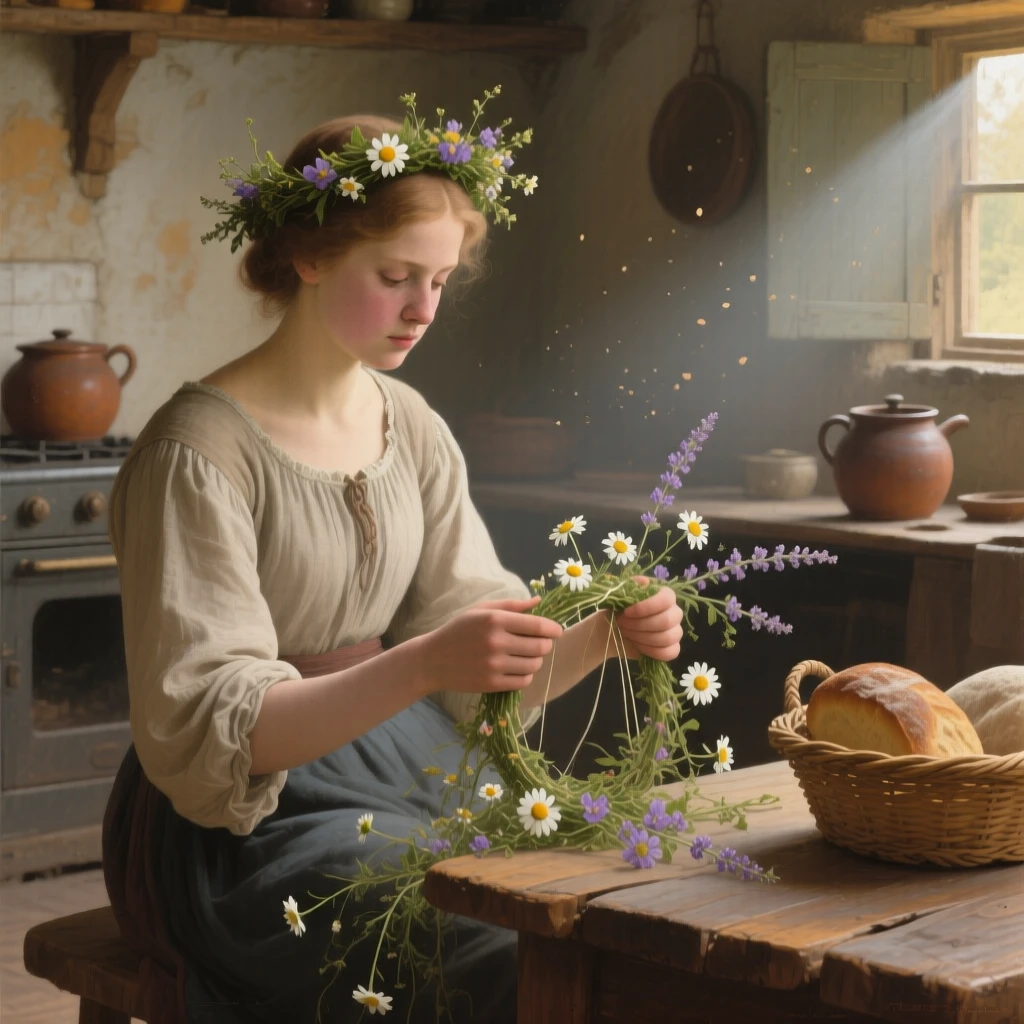 A shepherdess weaving a crown of wildflowers holding perfectly still in contemplative silence, set in a modest cottage kitchen filled with the smell of bread, with dust motes drifting visibly in a beam of window light; soft background blur isolates the sitter as the clear focal point, capturing grace under the weight of everyday devotion.