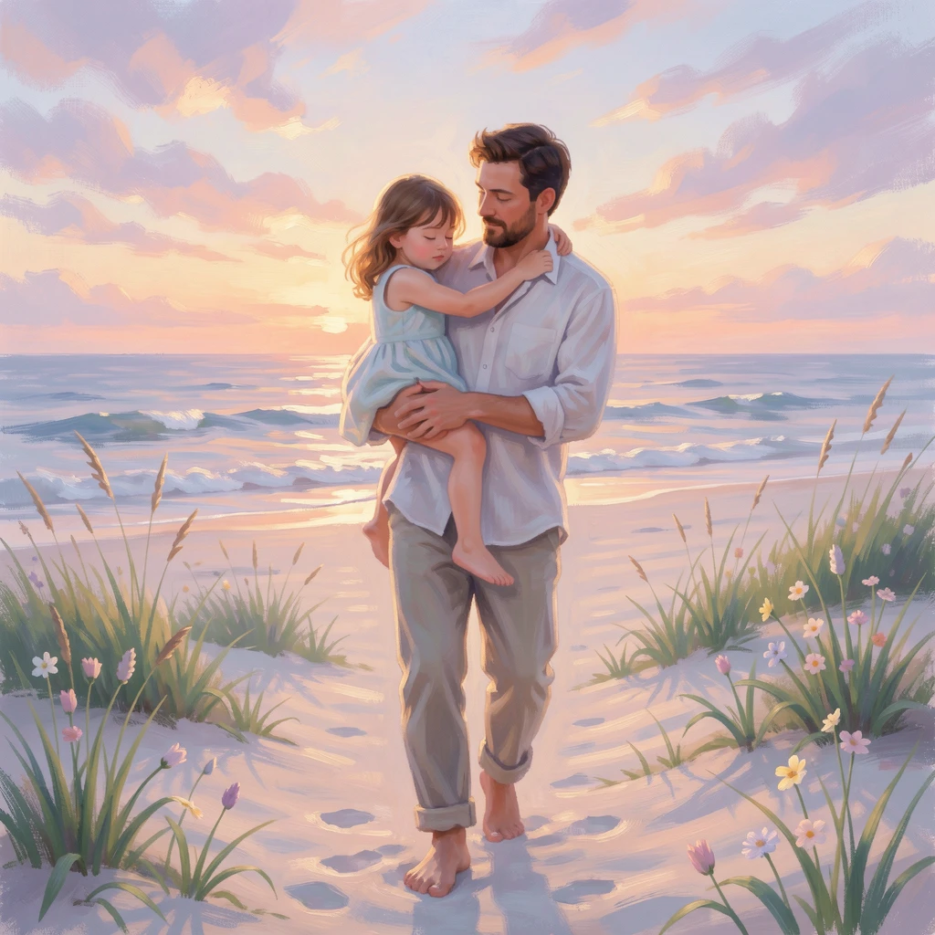 A father carrying his sleepy daughter home from the beach at sunset, her arms wrapped around his neck, in early spring, conveying a feeling of romance and tranquility.