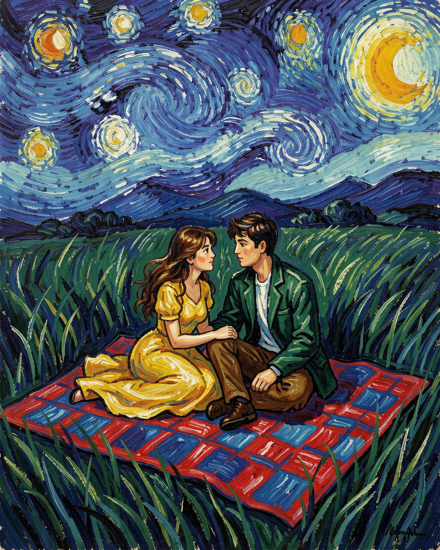 A young couple stargazing together on a picnic blanket in an open field.