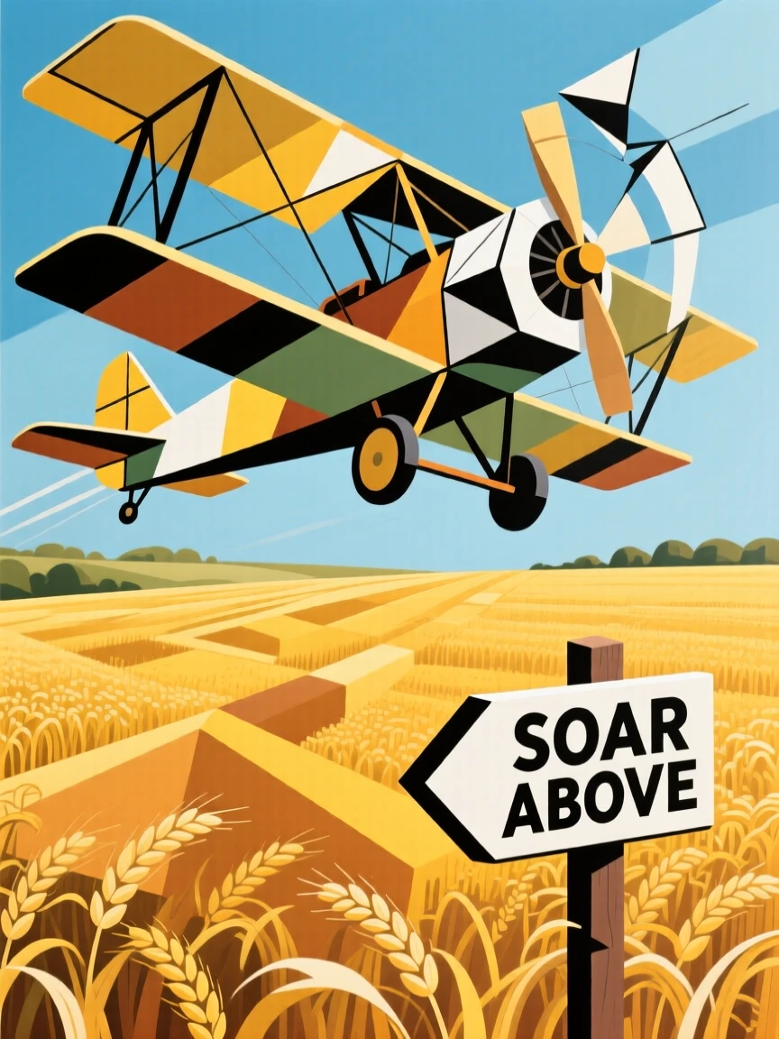 A vintage biplane soaring above golden wheat fields on a clear afternoon.