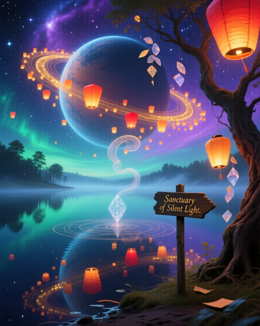 A planet with rings made of drifting paper lanterns reflects perfectly in the calm waters of a hidden lake, while the entire scene shimmers with quiet, cosmic stillness.