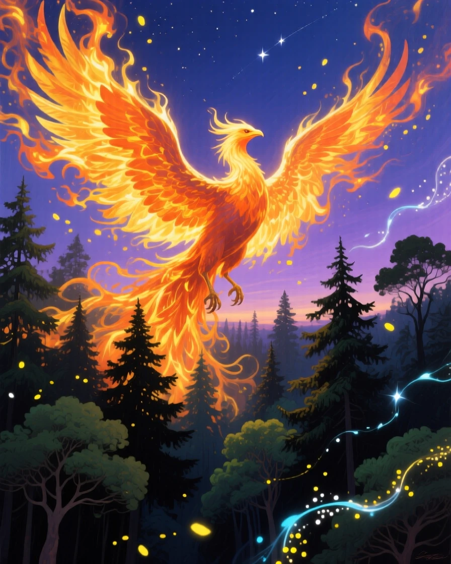 A phoenix rises in a burst of golden flame above a dark forest, its fiery wings illuminating the surrounding trees in brilliant orange light, faint traces of light or energy drifting through the air to heighten the sense of magic.