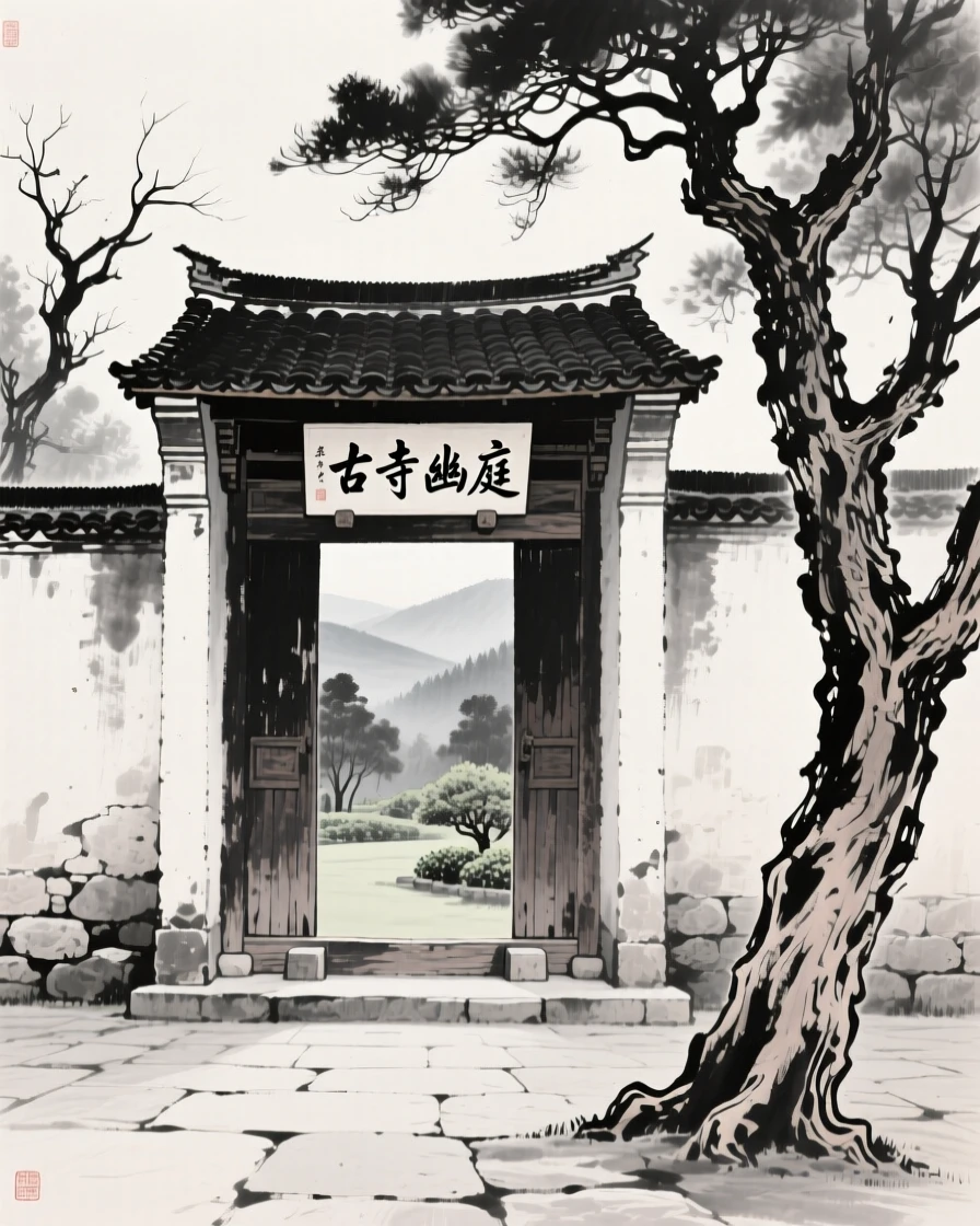 An old temple courtyard opens onto a garden filled with ancient trees, as mist settles over the valley below.