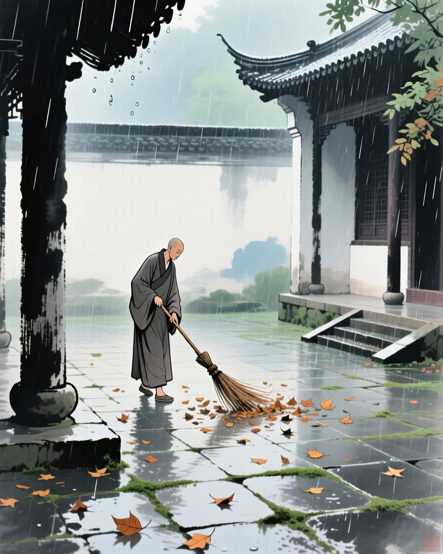 A monk sweeping fallen leaves from a temple courtyard, as summer rain begins to fall.