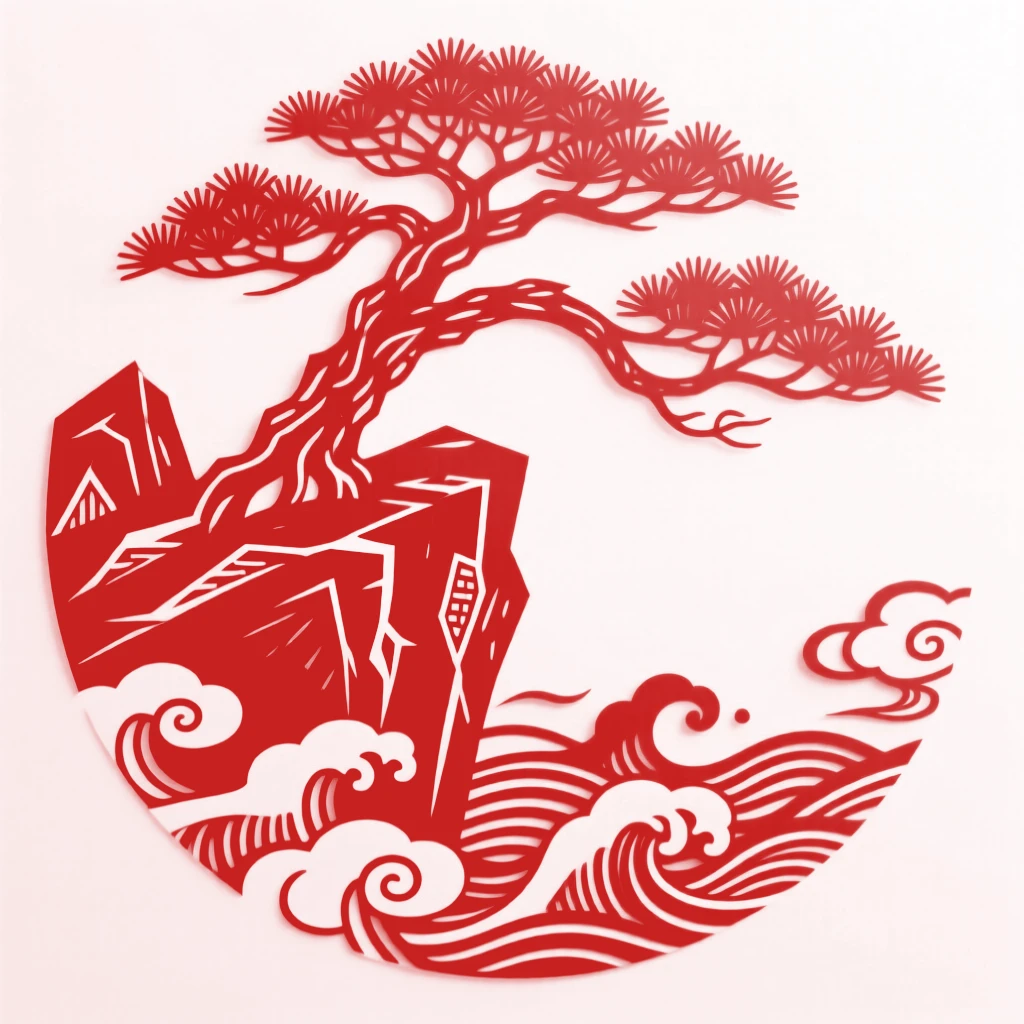 A cliffside pine tree clinging to a rocky outcrop above a sea of clouds, its twisted branches silhouetted against the sky
