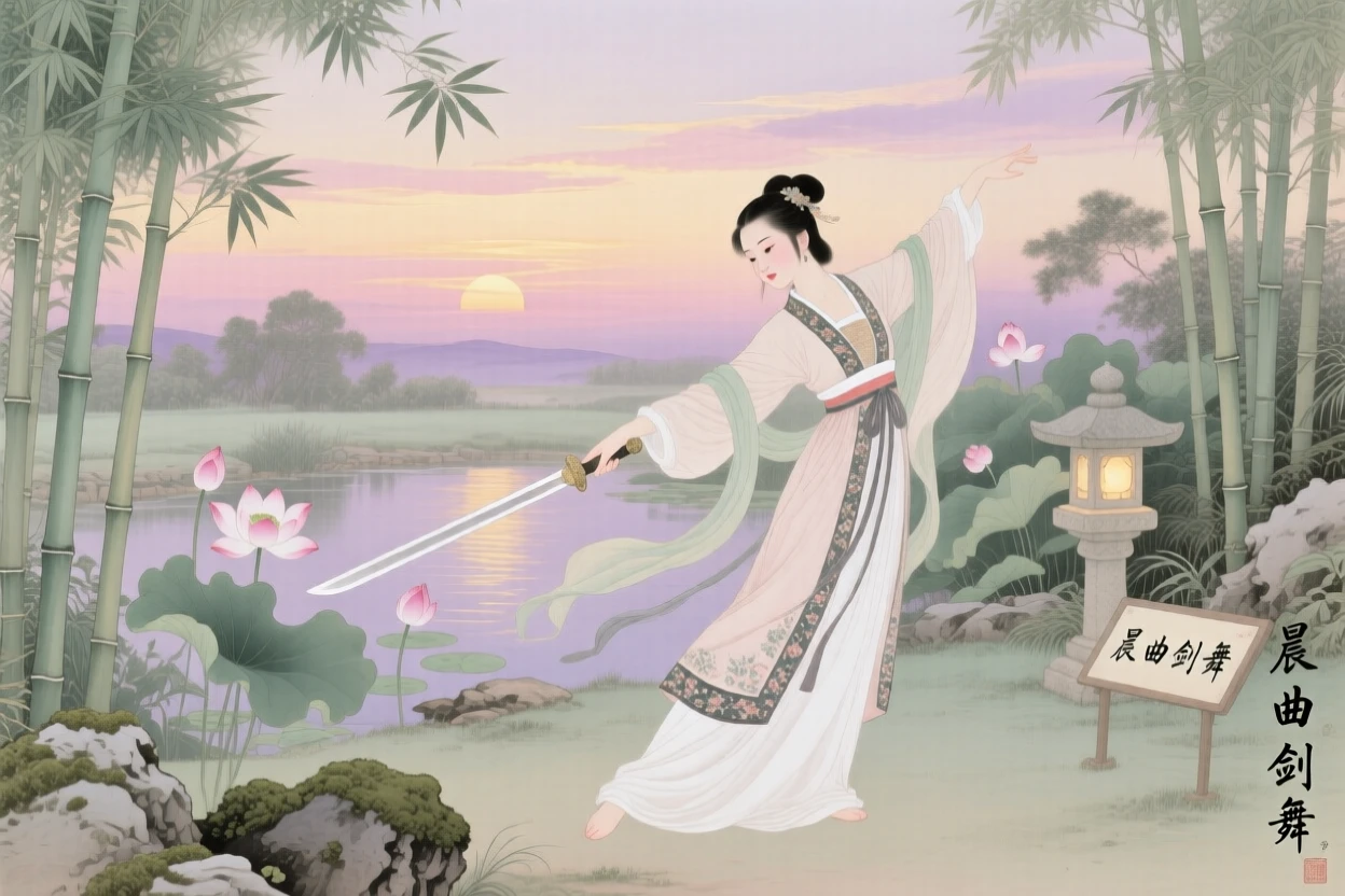 A young woman practicing a sword dance in a quiet garden at dawn