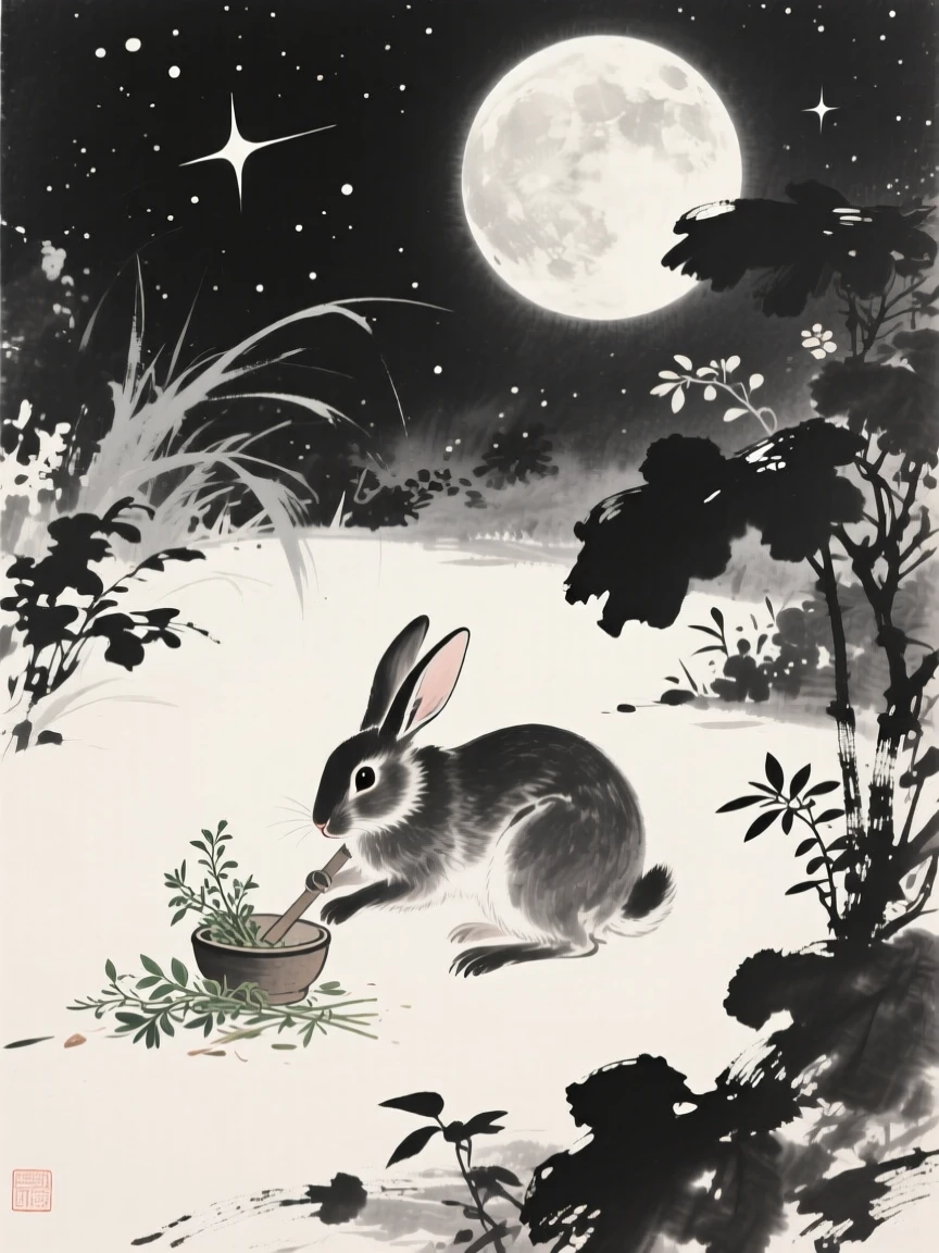 A moon rabbit pounding herbs beneath a full moon within a hidden celestial garden, captured mid-motion with flowing, graceful lines, evoking wonder, myth, and quiet reverence.