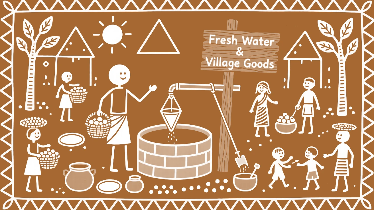 A well digger selling goods at a bustling village market.