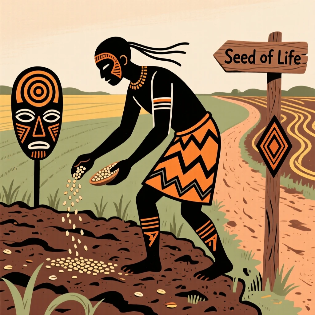A farmer scattering seed across a freshly tilled field along a winding dirt road.