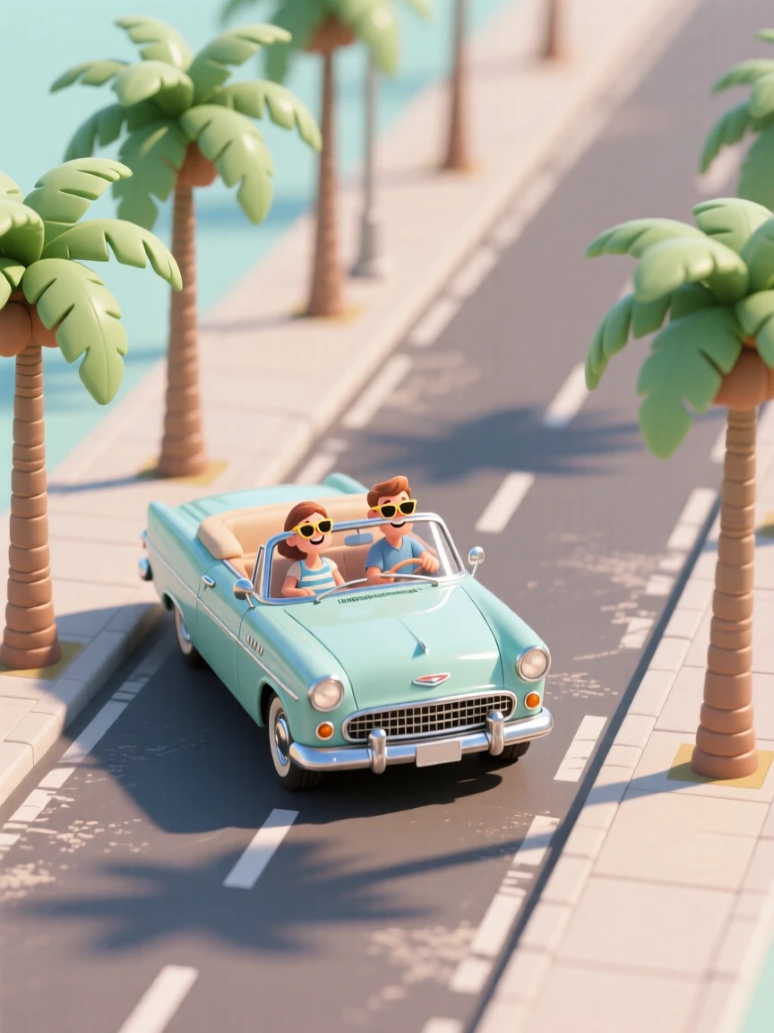 A vintage convertible car cruising along a palm-lined boulevard, top down, with sunglasses-wearing passengers enjoying the breeze.