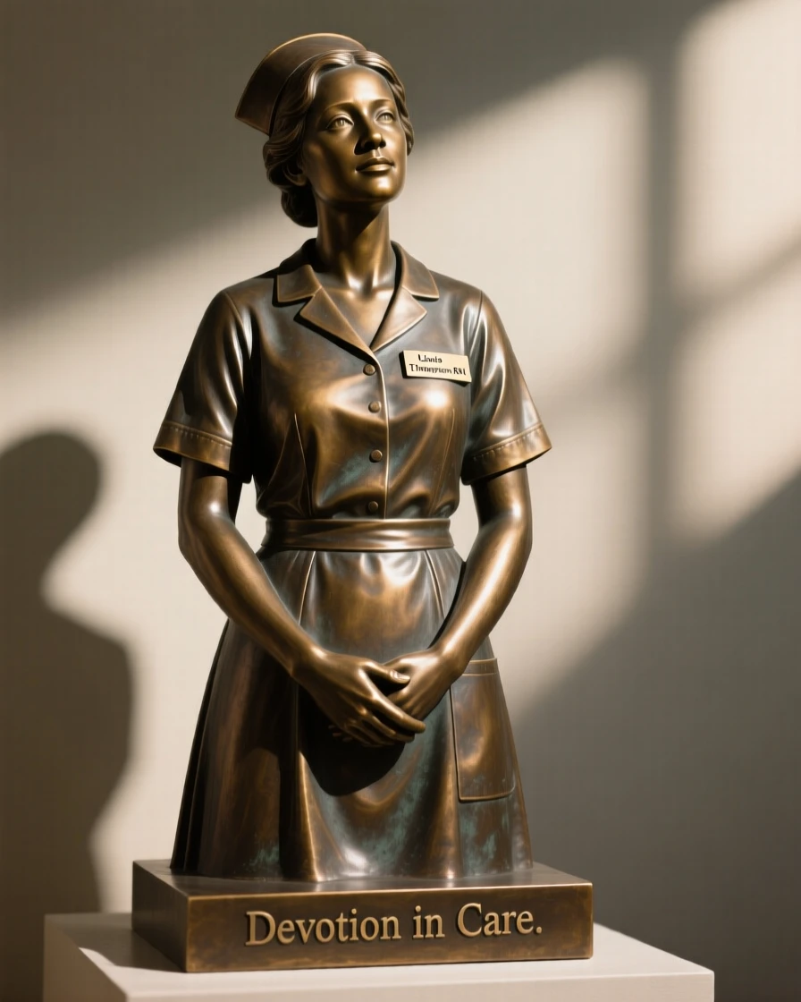 A devoted nurse, framed by soft, dramatic shadows, forming a strong central focal point