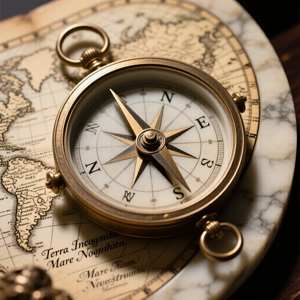 An elegant close-up study of an antique compass beside an old map, composed with warm, dramatic lighting